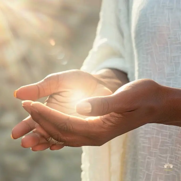 Hands radiating divine healing energy, symbolizing spiritual transformation and free distant healing