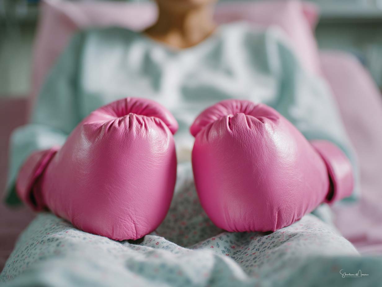 Elderly woman in recovery wearing pink boxing gloves, representing resilience, empowerment, and self-advocacy through healing