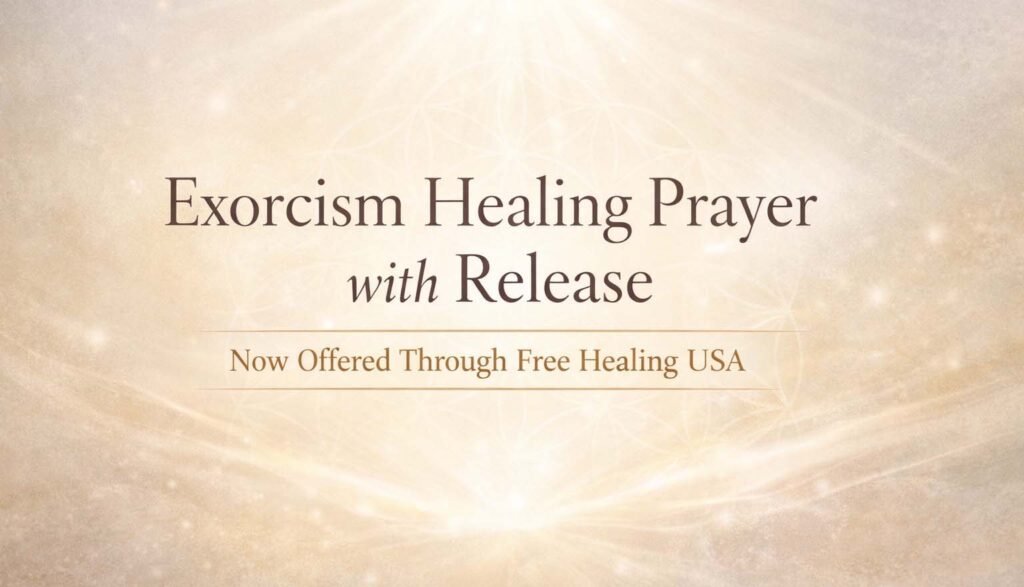 Exorcism Healing Prayer with Release announcement banner for Free Healing USA